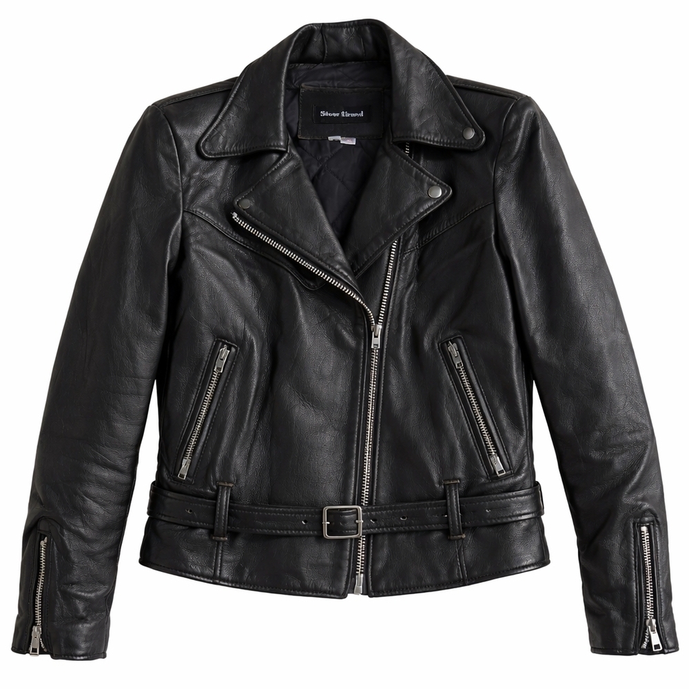 Steer Brand Black Leather Moto Jacket Belted Zip Front Size 14‎ USA